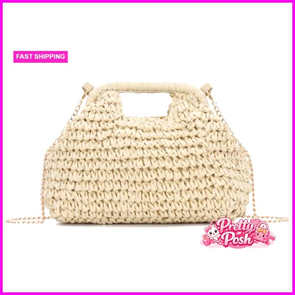 Paper Rope Straw Dumpling Clutch Purse with Detachable Crossbody Chain Strap - Picture 7 of 7